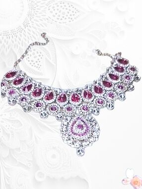 Bridal Teardrop Rhinestone Bib Necklace Hot Pink Silver Tone Statement
